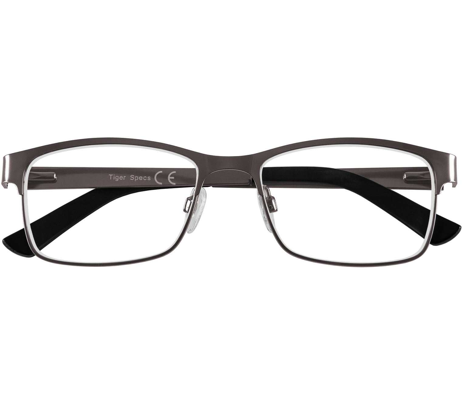 Washington (Gunmetal) rectangular classic gunmetal reading glasses. Slender frames and adjustable nose pads. Front view.