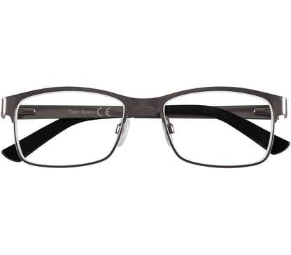 Washington (Gunmetal) rectangular classic gunmetal reading glasses. Slender frames and adjustable nose pads. Front view.