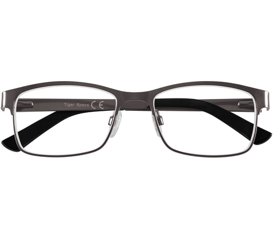 Washington (Gunmetal) rectangular classic gunmetal reading glasses. Slender frames and adjustable nose pads. Front view.