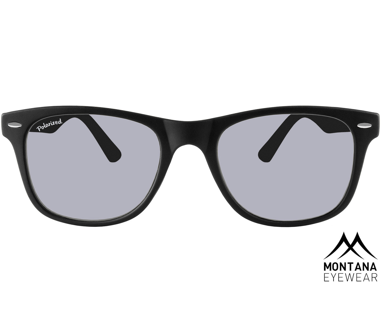 Oasis (Black) classic black wayfarer sunglasses with large, smoke grey tinted lenses. Front view.
