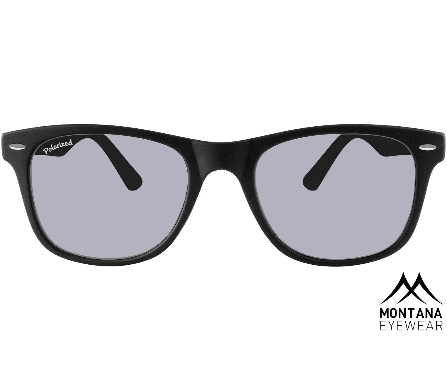 Oasis (Black) classic black wayfarer sunglasses with large, smoke grey tinted lenses. Front view.