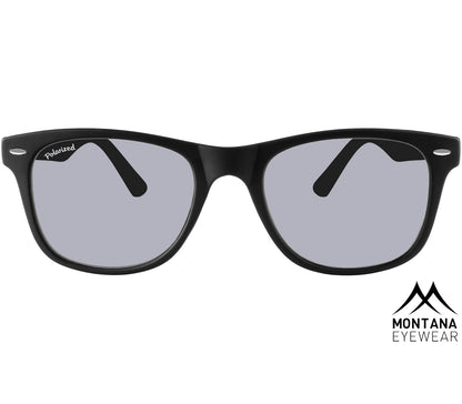 Oasis (Black) classic black wayfarer sunglasses with large, smoke grey tinted lenses. Front view.