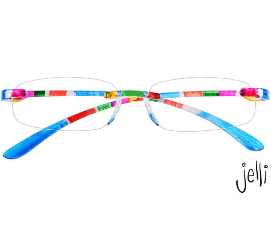 Jelli (Multi-Coloured) rimless, slim reading glasses with semi translucent, multicoloured arms and bridge. Front view.