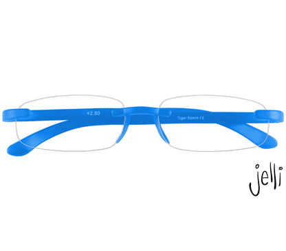 Jelli Neon (Blue) rimless, slim reading glasses with semi-translucent bright blue arms and bridge. Front view.