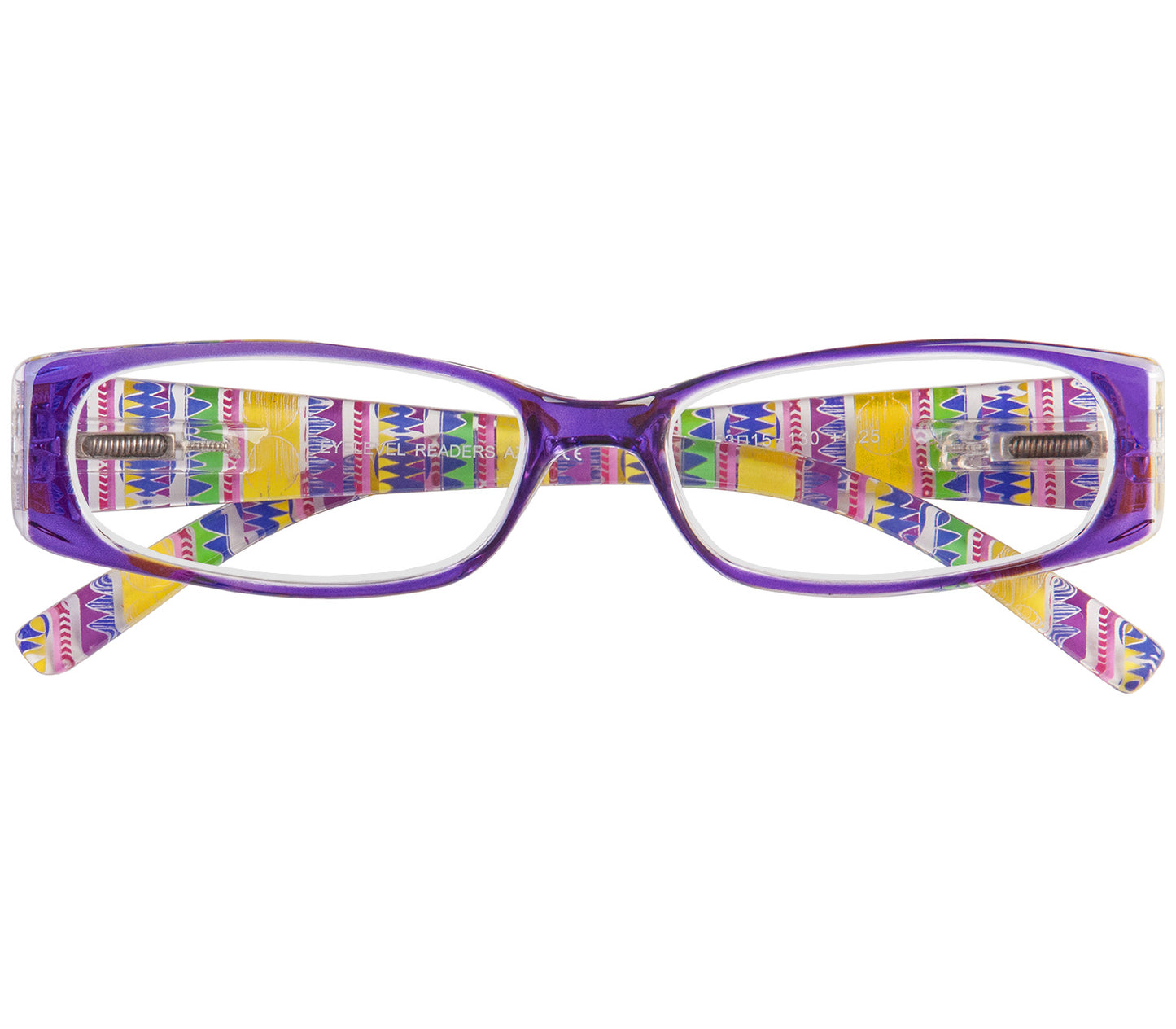 Aztec (Purple) reading glasses with aztec patterned arms and purple frame. Front view.