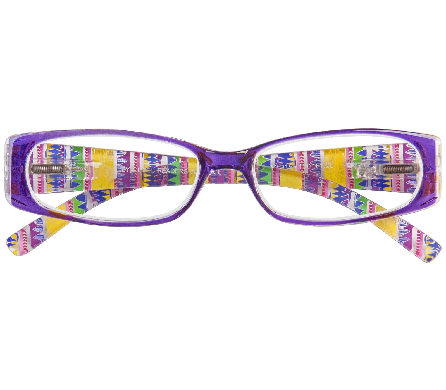 Aztec (Purple) reading glasses with aztec patterned arms and purple frame. Front view.