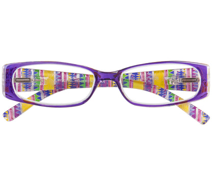 Aztec (Purple) reading glasses with aztec patterned arms and purple frame. Front view.