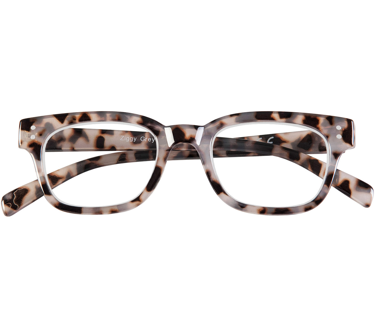 Ziggy (Grey Tortoise) classic retro reading glasses with chunky grey tortoiseshell frame and rivet details. Front view.