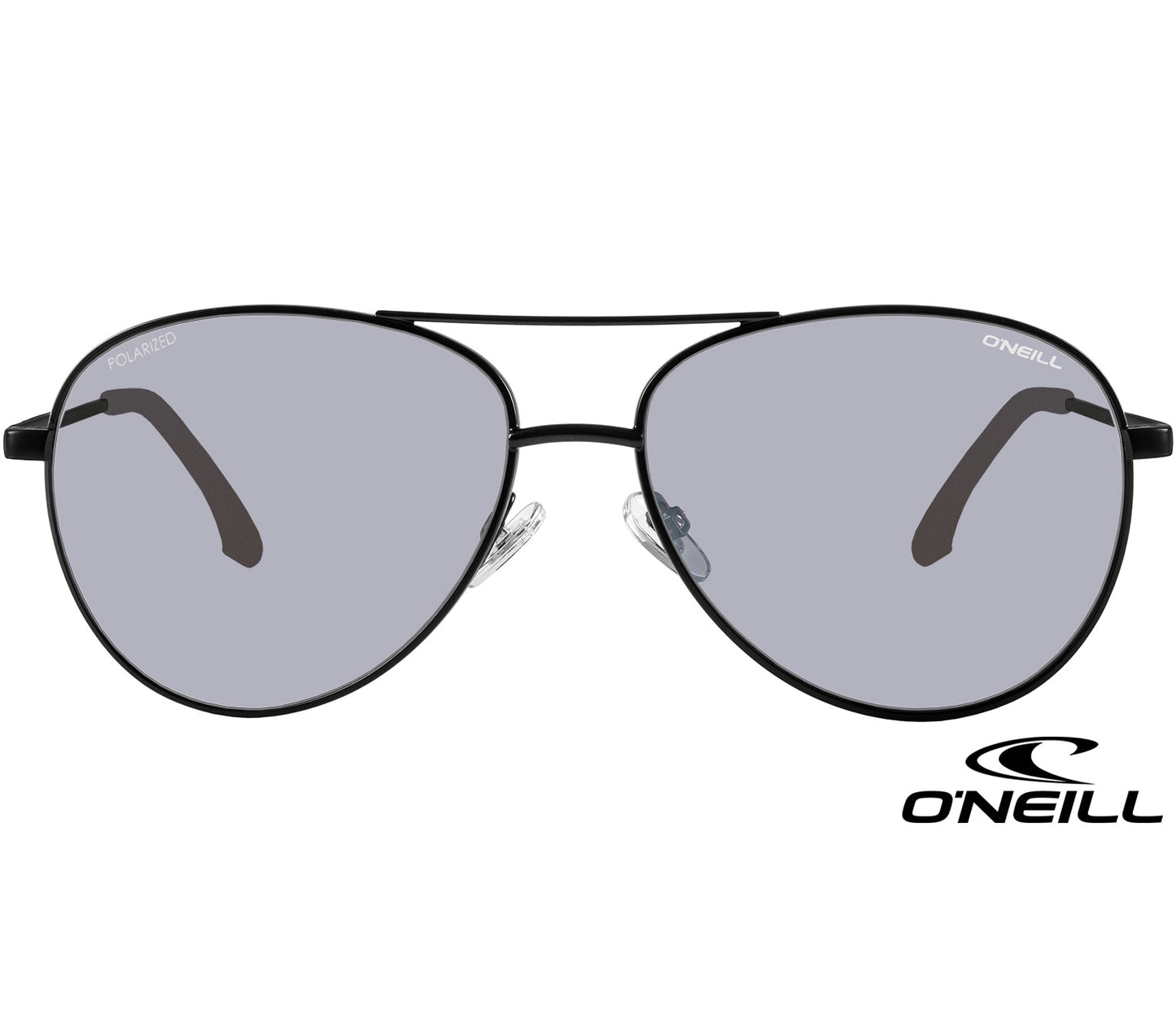 Atlas (Black) classic aviator shaped sunglasses from O'Neill. Black frames with slender arms. Smoke grey lenses. Front view.