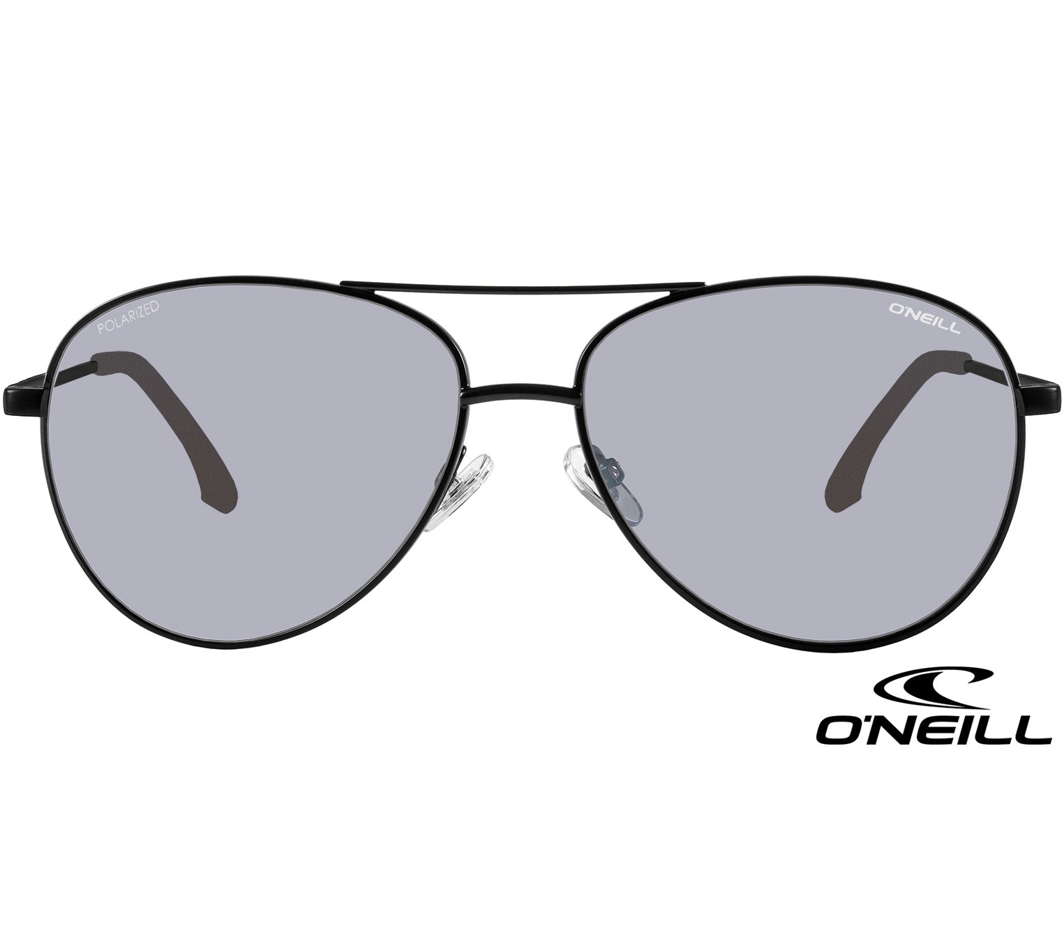Atlas (Black) classic aviator shaped sunglasses from O'Neill. Black frames with slender arms. Smoke grey lenses. Front view.