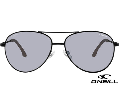 Atlas (Black) classic aviator shaped sunglasses from O'Neill. Black frames with slender arms. Smoke grey lenses. Front view.