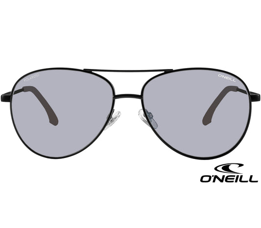Atlas (Black) classic aviator shaped sunglasses from O'Neill. Black frames with slender arms. Smoke grey lenses. Front view.