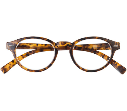 Espresso (Tortoiseshell) retro reading glasses with matt tortoiseshell frames and round lenses. Front view.