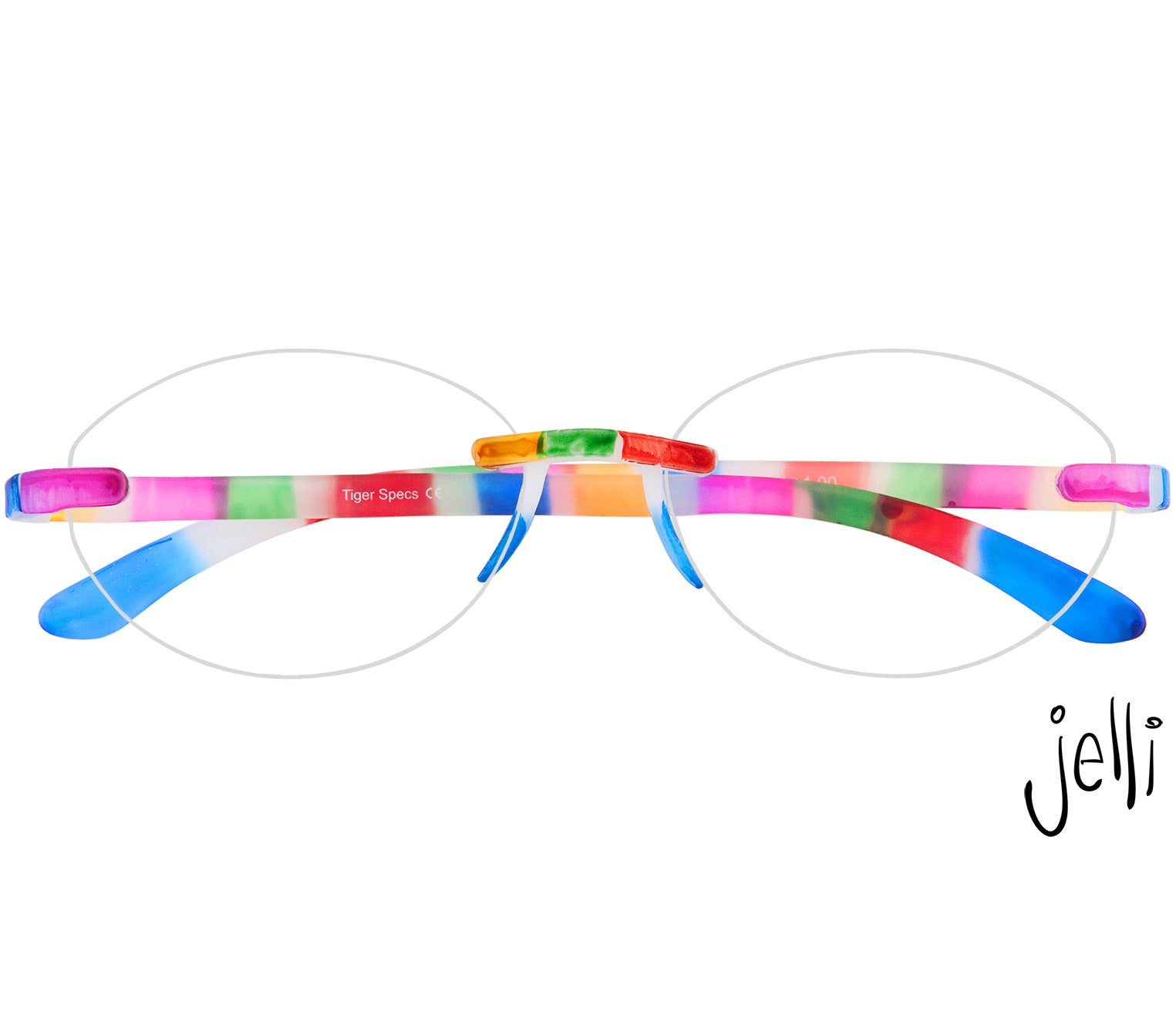 Jelli Solo (Multi-Coloured) round, rimless reading glasses with soft touch finish, fun multicoloured details. Front view.