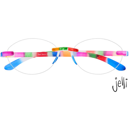 Jelli Solo (Multi-Coloured) round, rimless reading glasses with soft touch finish, fun multicoloured details. Front view.