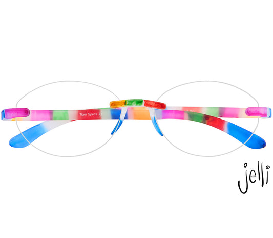 Jelli Solo (Multi-Coloured) round, rimless reading glasses with soft touch finish, fun multicoloured details. Front view.