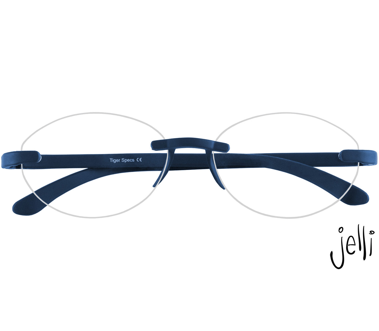 Jelli Solo (Blue) round, rimless reading glasses with soft touch finish, deep blue details. Front view.