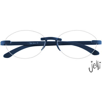 Jelli Solo (Blue) round, rimless reading glasses with soft touch finish, deep blue details. Front view.
