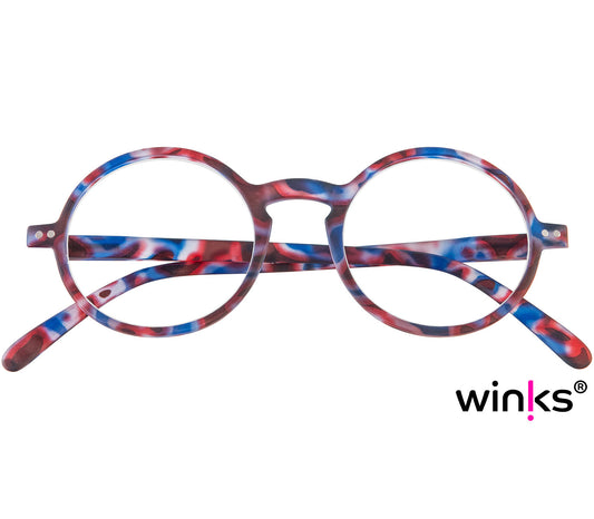 Elliott (Blue Tortoise) round, retro style unisex reading glasses with large lenses and a soft touch finish. Front view.