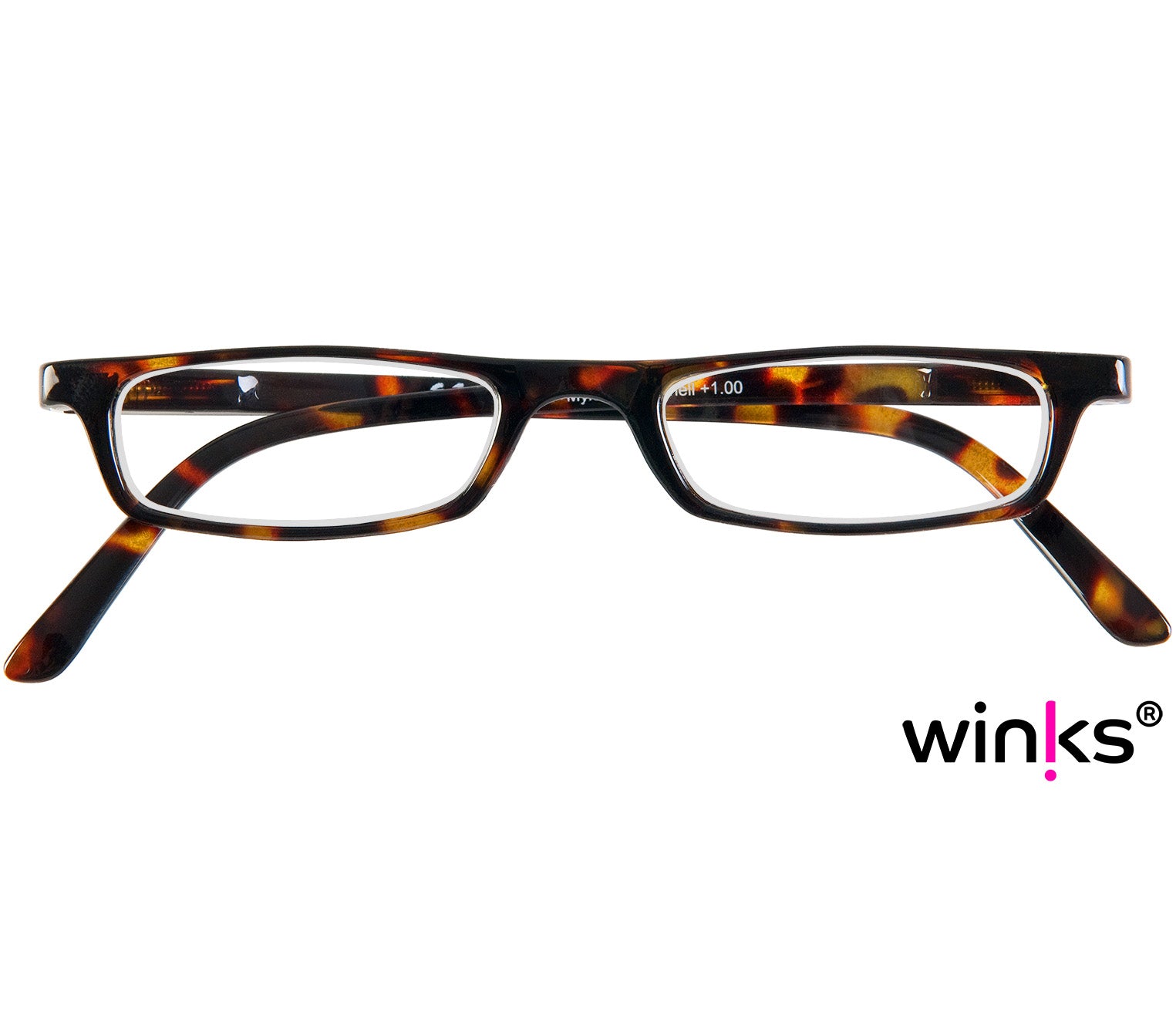 Mylo (Tortoiseshell) classic shape, slim reading glasses with dark tortoiseshell glossy frames. Front view.