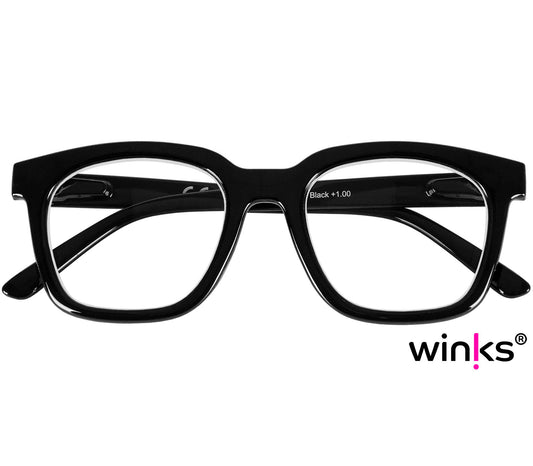 Toast (Black) retro black reading glasses with large, oversized lenses and slender temples. Front view.