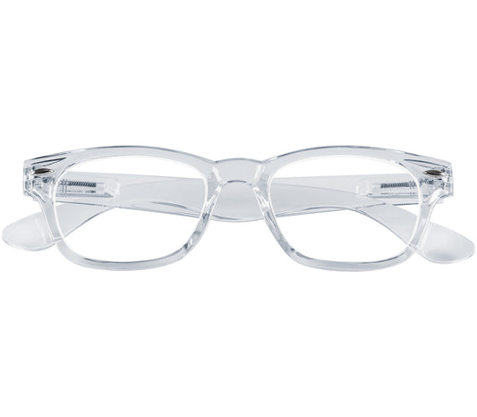 Woody (Clear) retro wayfarer style reading glasses with a glossy clear frame and rivet details. Front view.