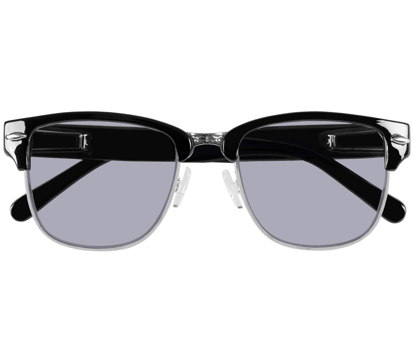 Female model wearing Mario (Black) clubmaster classic reading sunglasses with large grey tinted lenses.