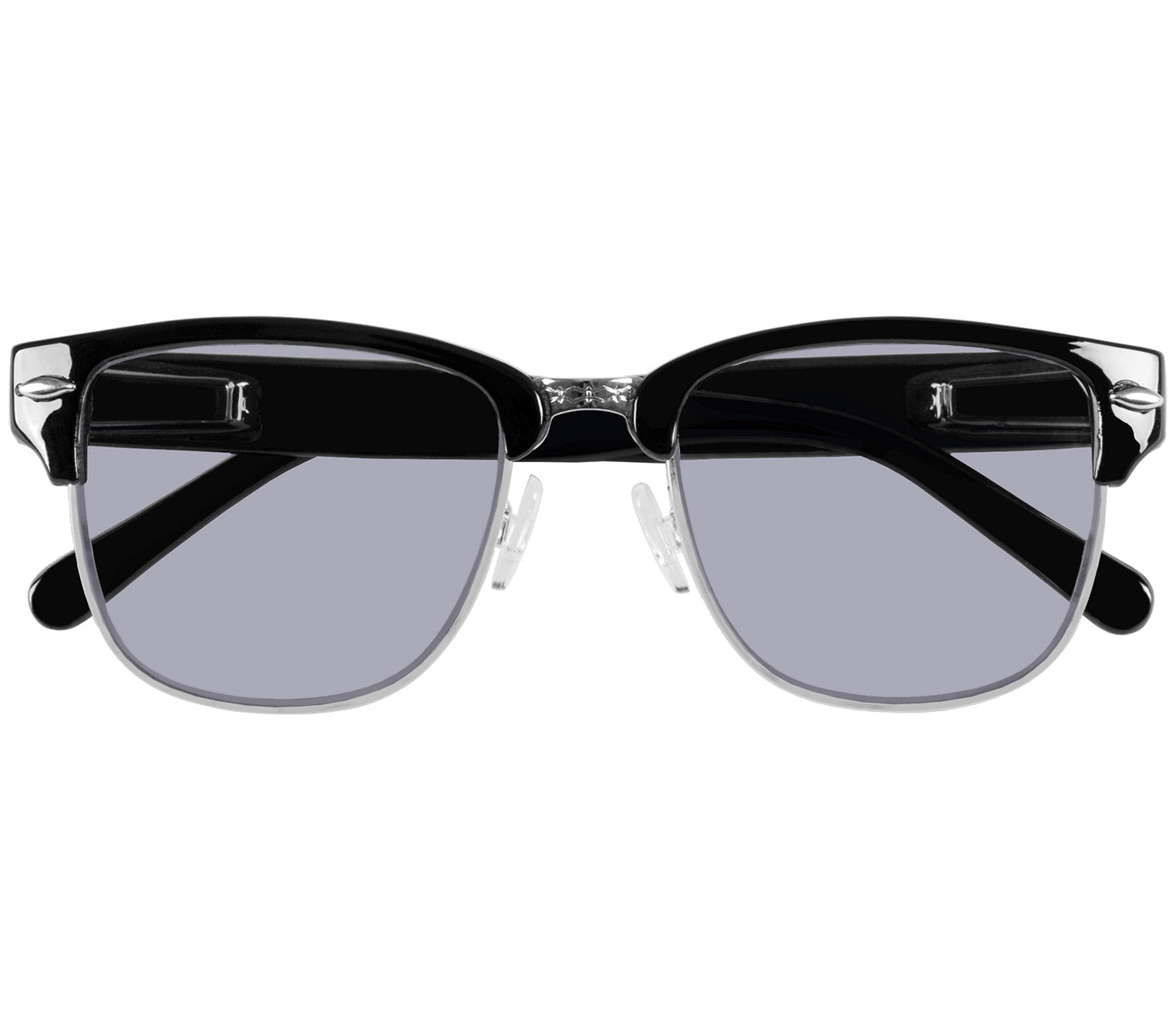 Female model wearing Mario (Black) clubmaster classic reading sunglasses with large grey tinted lenses.