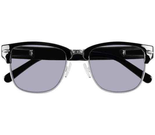 Female model wearing Mario (Black) clubmaster classic reading sunglasses with large grey tinted lenses.