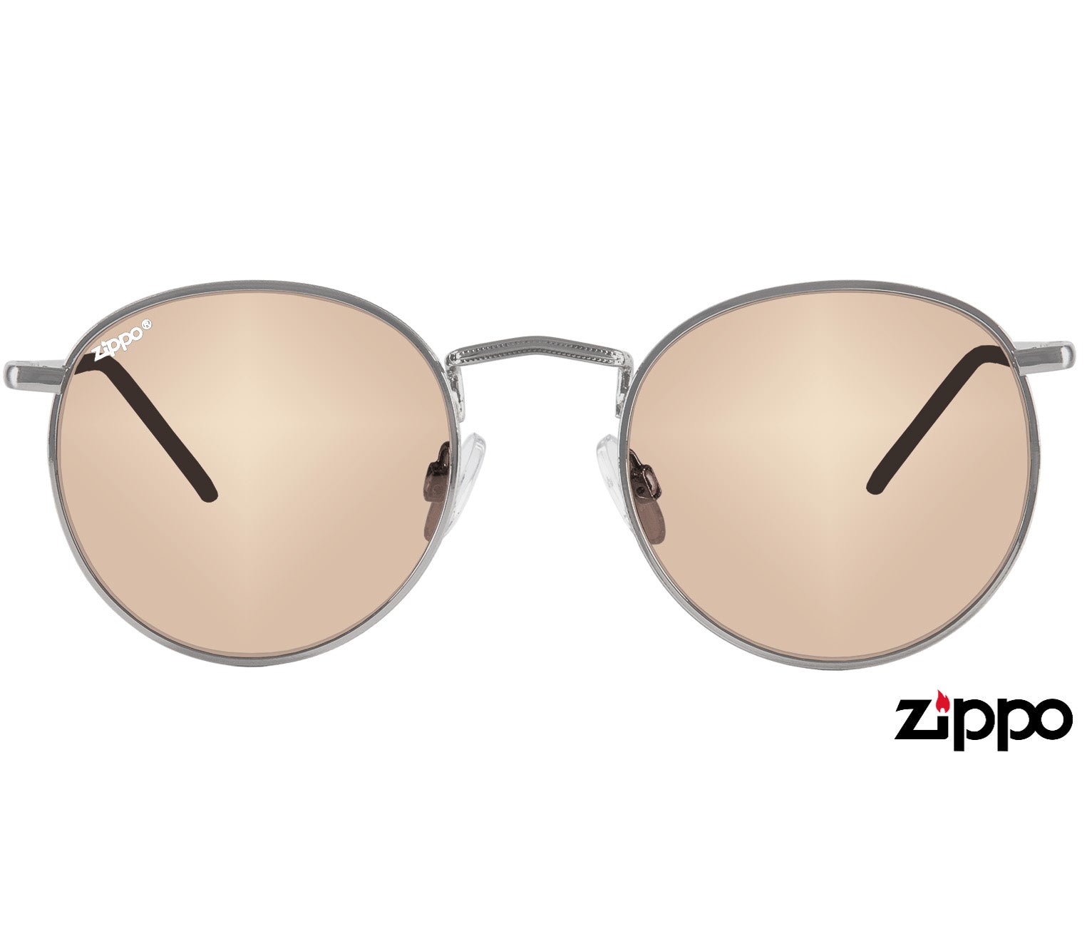 Tresco (Silver) Brushed silver round sunglasses with a slender metal frame and brown tinted lenses. Front view.