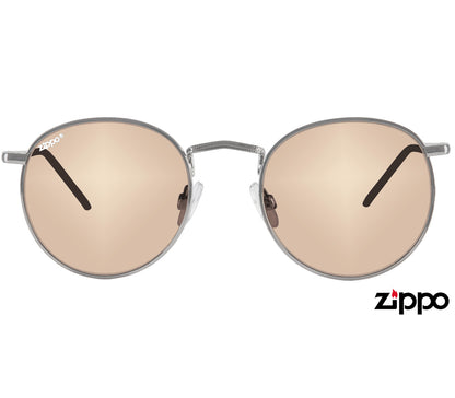 Tresco (Silver) Brushed silver round sunglasses with a slender metal frame and brown tinted lenses. Front view.
