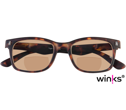 Female model wearing Orbit (Tortoiseshell) bifocal reading sunglasses with dark, soft touch tortoiseshell frame and brown tinted lenses.