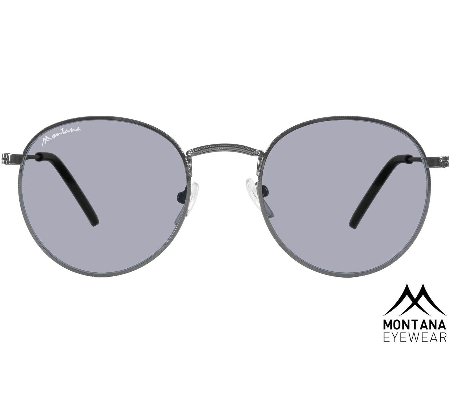 Antigua (Gunmetal) retro style sunglasses. Silver metal frames and slender arms. Front view.