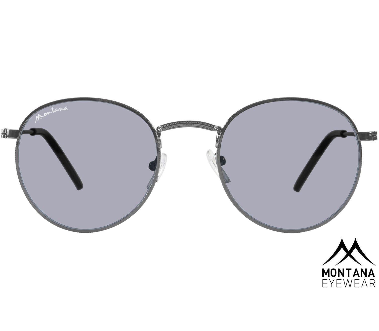 Antigua (Gunmetal) retro style sunglasses. Silver metal frames and slender arms. Front view.