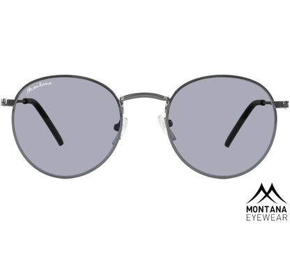 Antigua (Gunmetal) retro style sunglasses. Silver metal frames and slender arms. Front view.