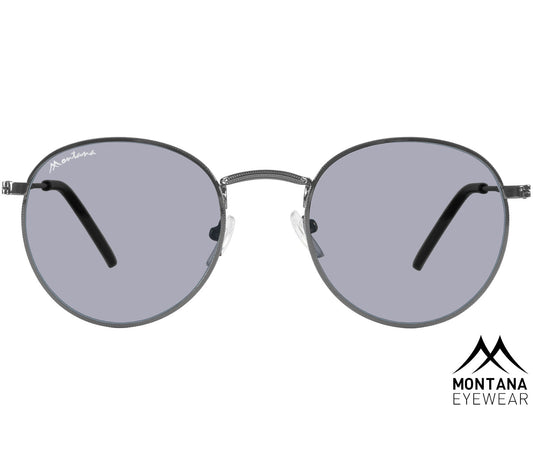 Antigua (Gunmetal) retro style sunglasses. Silver metal frames and slender arms. Front view.