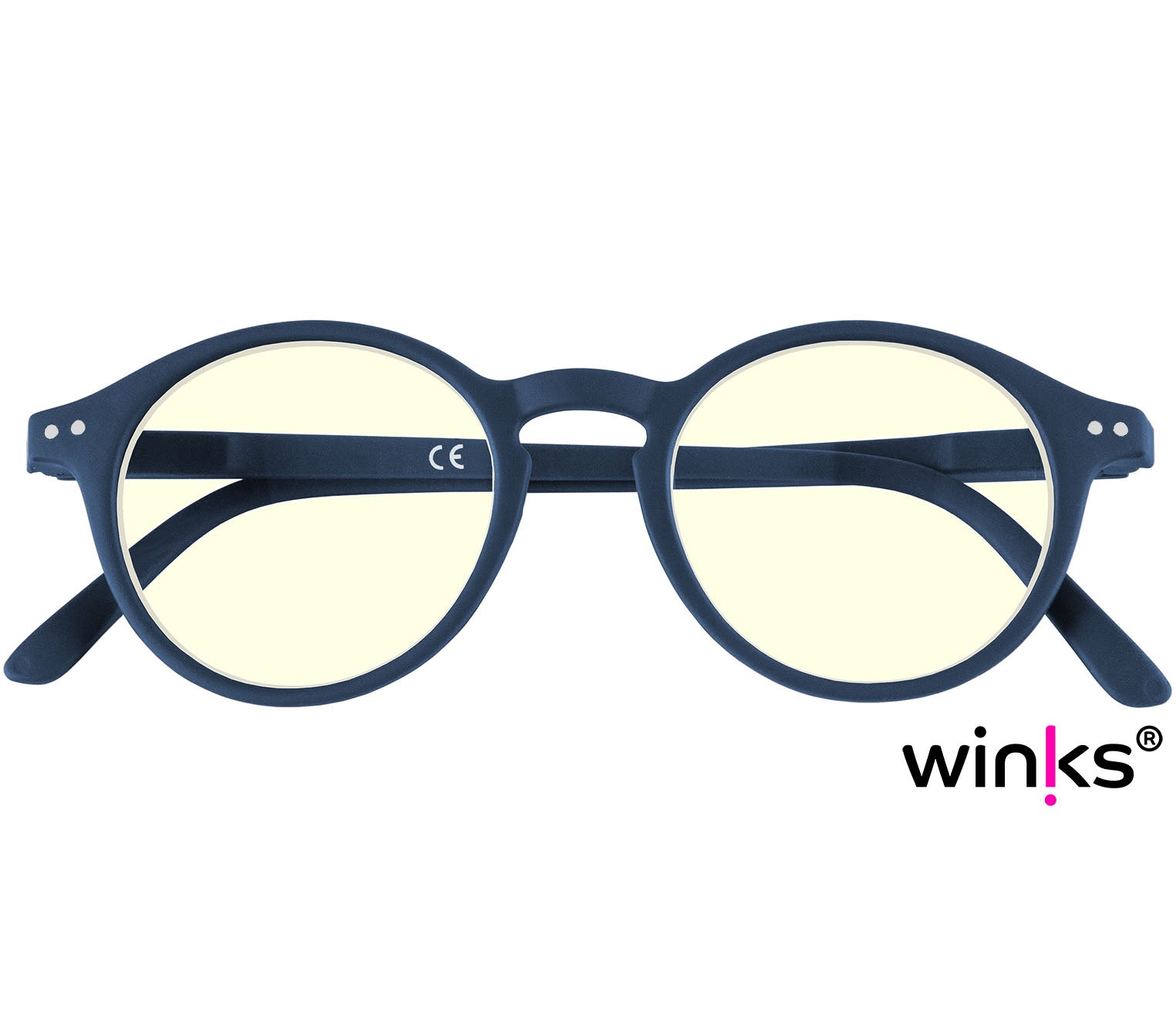 Oskar Digital (Blue) unisex reading glasses with large round blue light filtering lenses and soft touch deep blue frame. Front view.