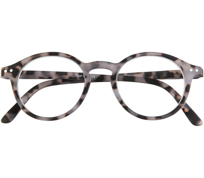 Oskar (Grey Tortoise) unisex reading glasses with large round lenses and grey tortoiseshell frames. Front view.