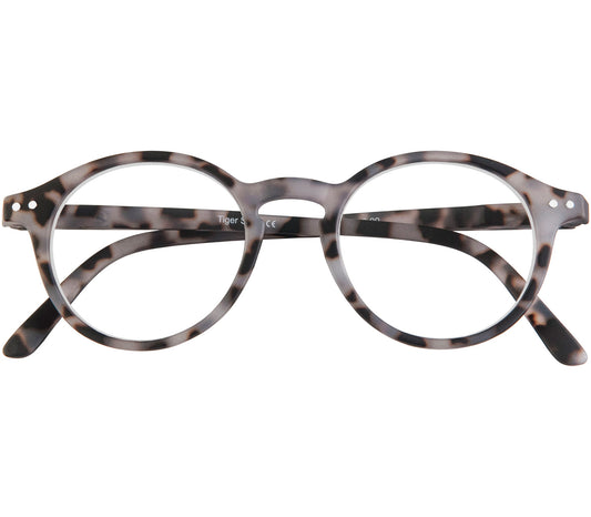 Oskar (Grey Tortoise) unisex reading glasses with large round lenses and grey tortoiseshell frames. Front view.