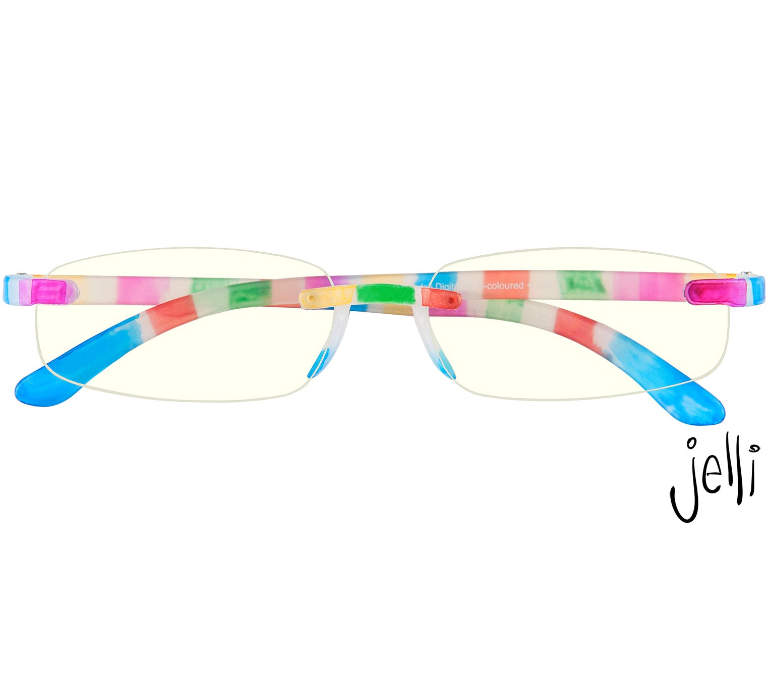 Jelli Digital (Multi-coloured) rimless, slim reading glasses with semi translucent, multicoloured arms and bridge. Front view.