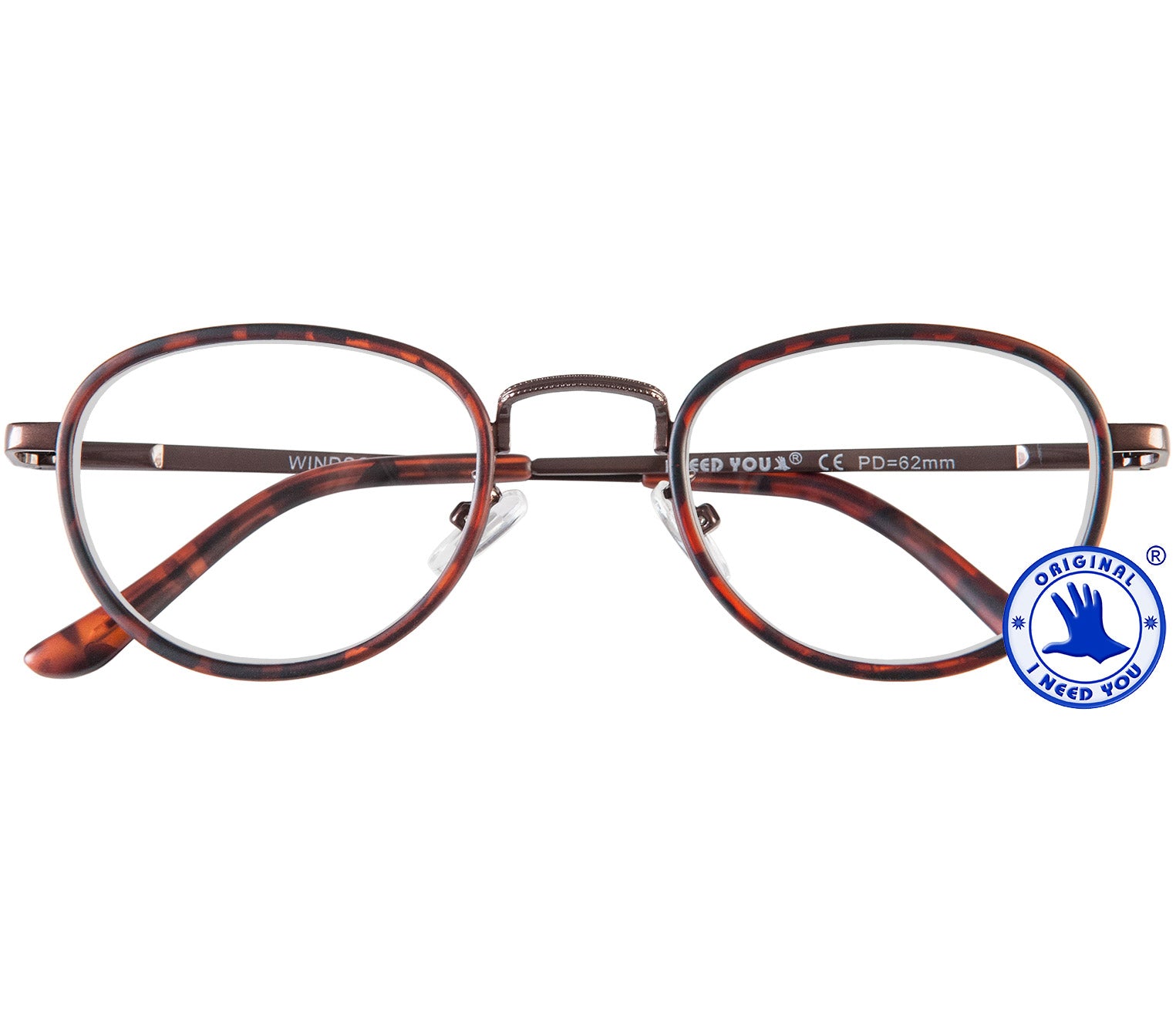 Windsor (Tortoiseshell) retro style unisex reading glasses with a round tortoiseshell and metal frame and bridge. Front view.
