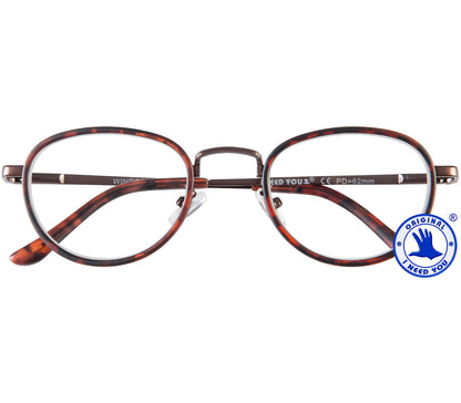 Windsor (Tortoiseshell) retro style unisex reading glasses with a round tortoiseshell and metal frame and bridge. Front view.