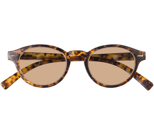 Montpellier (Tortoiseshell) retro style sunglasses in a rich tortoiseshell finish. Round, brown tinted lenses. Front view.