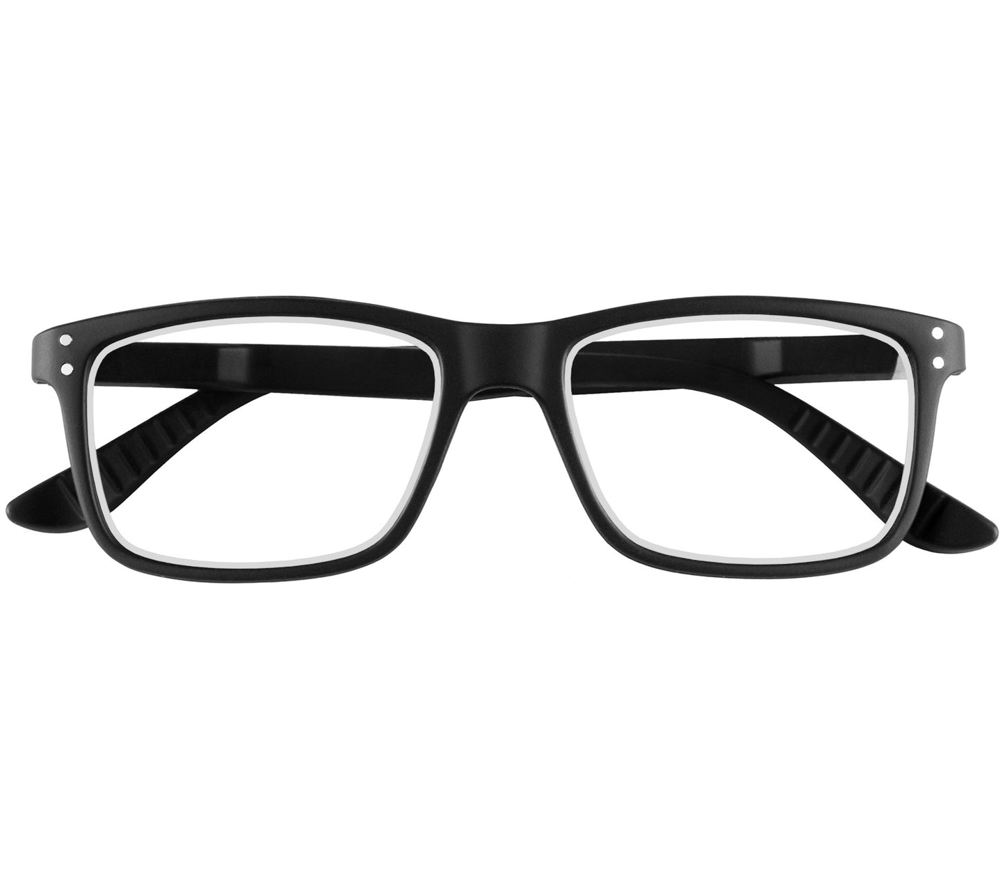 Dexter (Black) classic shape unisex reading glasses with a soft touch matt black frame. Front view.