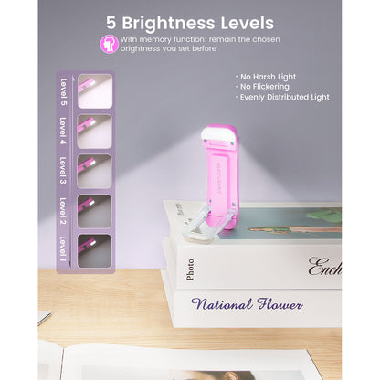 Beam Mini (Pink) mini LED reading light standing on a book demonstrating different levels of brightness.