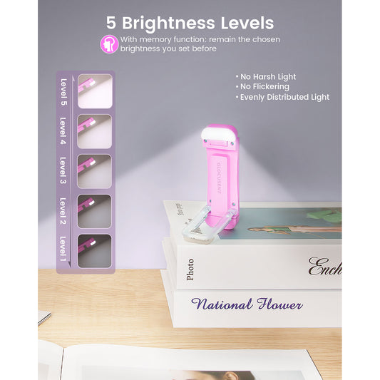 Beam Mini (Pink) mini LED reading light standing on a book demonstrating different levels of brightness.