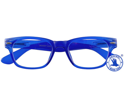Woody (Blue) retro wayfarer style reading glasses with a bright blue frame and rivet details. Front view.