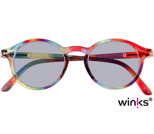 Modena (Multi-coloured) retro style, round lens with fun multi-coloured frame. Front view.