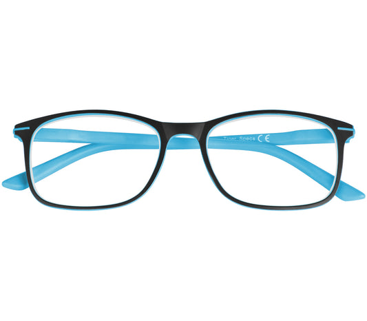 Jazz (Blue) classic shape reading glasses with rectangular lenses in a two tone blue and black frame. Front view.