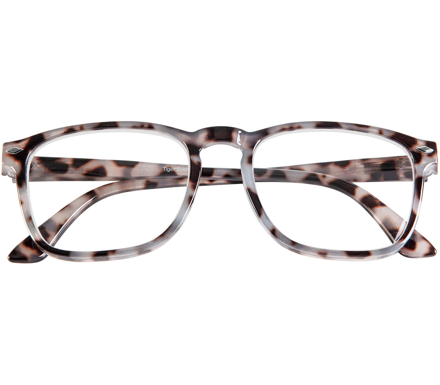 Chicago (Grey Tortoise) retro style, unisex reading glasses with large lenses and grey tortoiseshell frames. Front view.